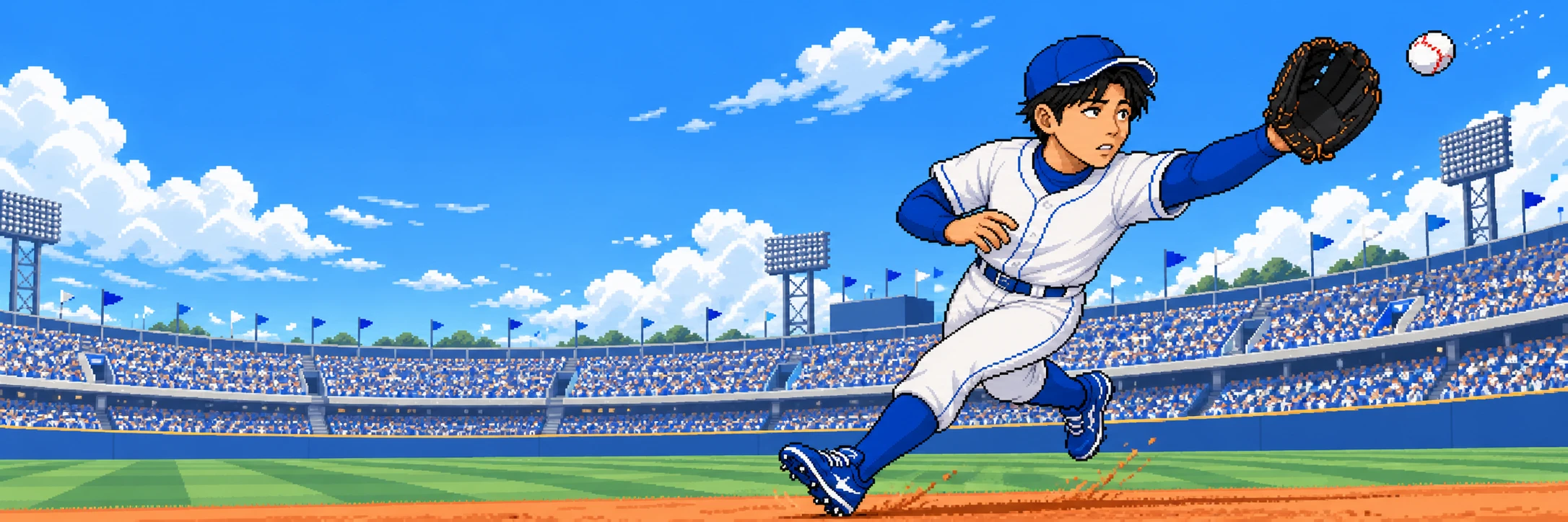 満員の球場で白球を追う、青いユニフォームの選手。ゲームの世界観を描いたイラスト